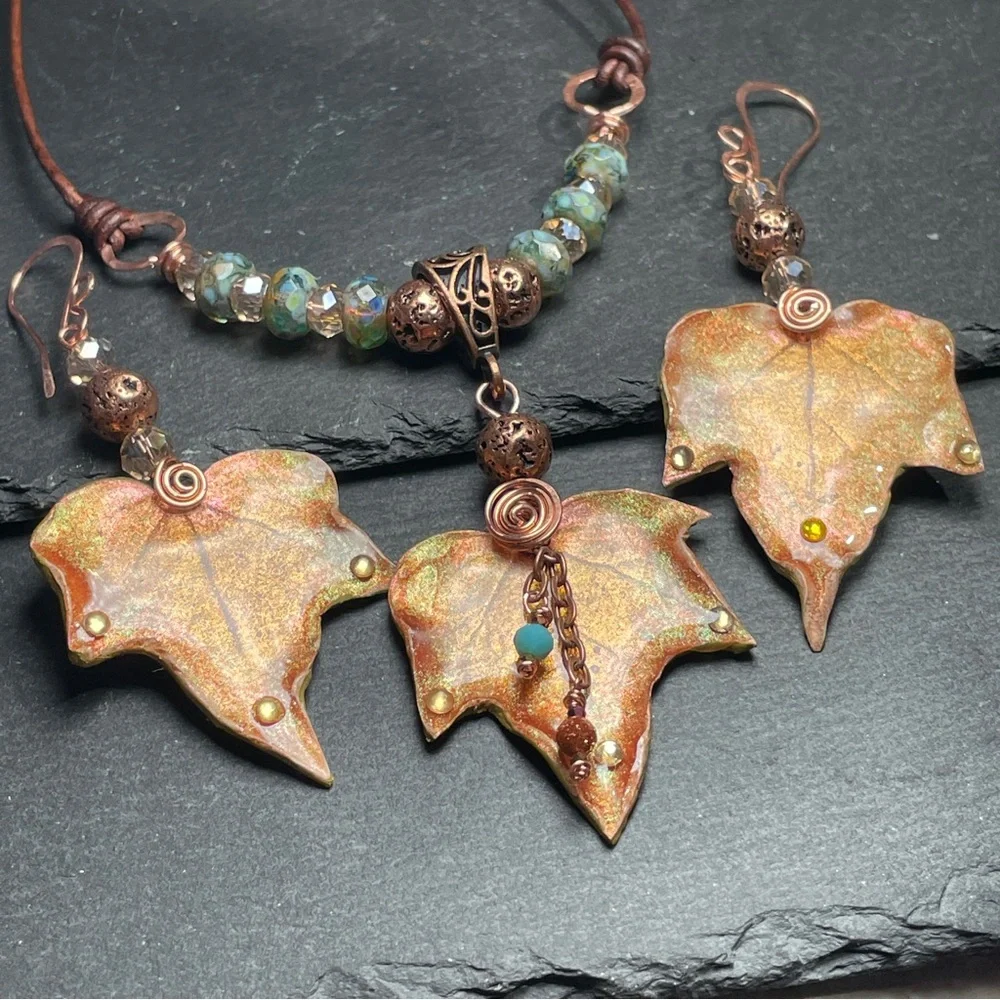 Autumn Leaf Jewelry Set Fairycore Earrings And Pendant | Artisan Jewelry